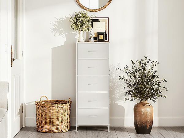 Fabric Dresser for Bedroom, 5-Drawer Tall Dressers, Storage Organizer with Fabric Bins, Wood Top, Sturdy Steel Frame, Chest of Drawers for Closet, Hallway