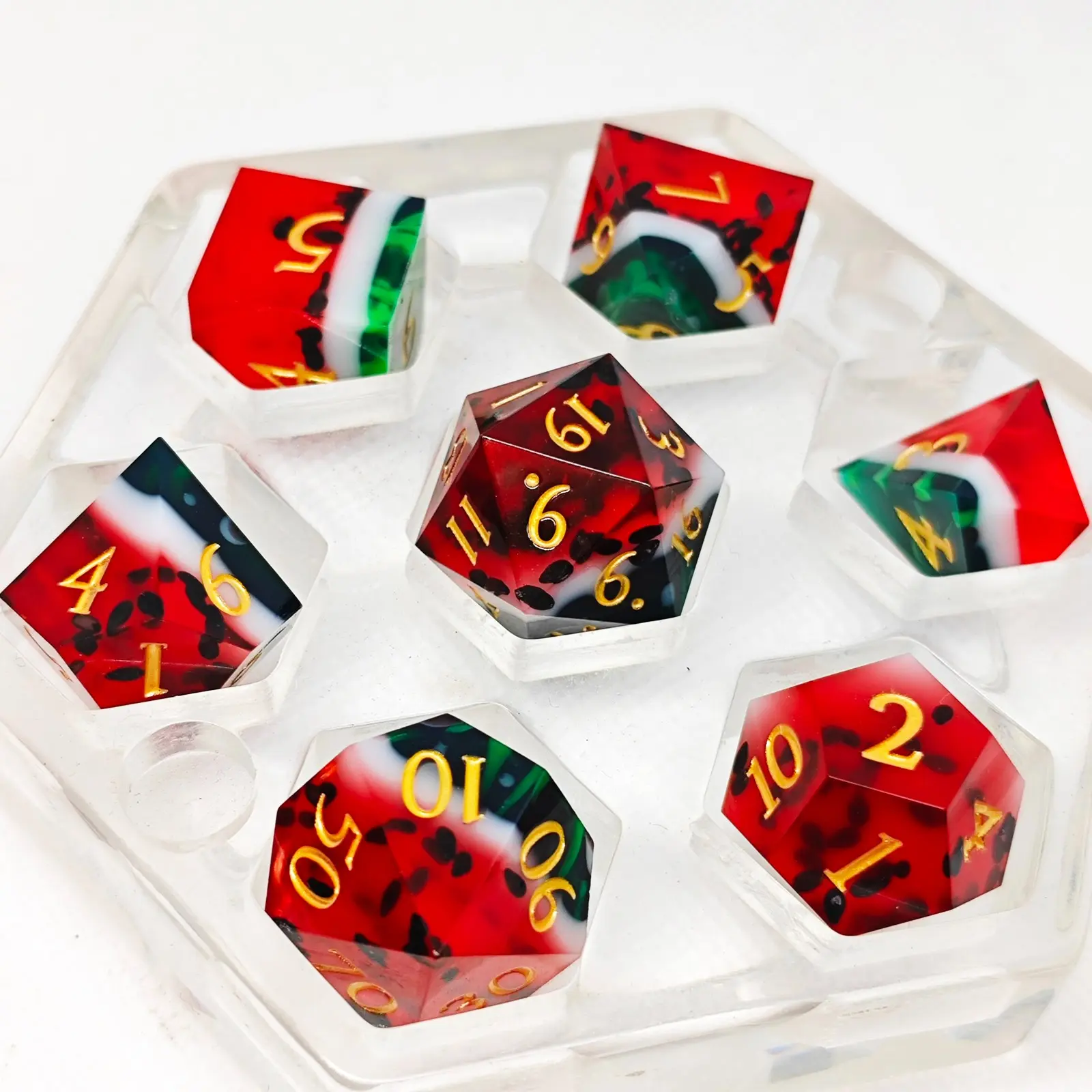 7 Piece Sharp Edge Dice Set, Resin Core Dice, Watermelon Dice, Perfect for Gifts, D&d, Tabletop Role-Playing Games