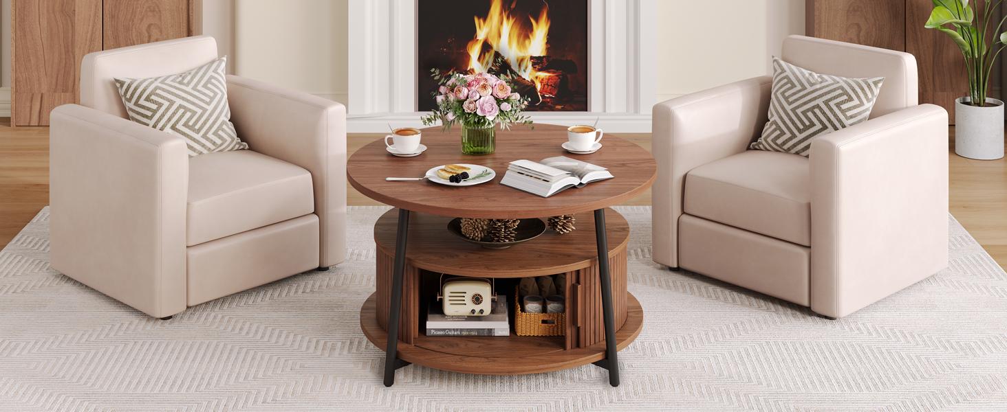 【SPOTLIGHT DAY】ONBRILL 31.5 Inch Round Coffee Table with Storage, Fluted Coffee Tables with 2 Tiers, Mid-Century Modern Center Table with 2 Sliding Doors and Adjustable Footpad for Living Room