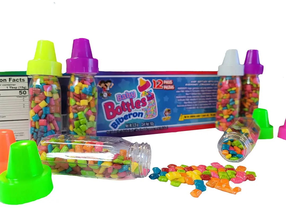 MDM BABTY BOTTLES BIBERON MINI BUBBLE GUM FILLED BOTTLES 12CT 6.35OZ Fun Party Favors for Kids Colorful Candy Party Supplies