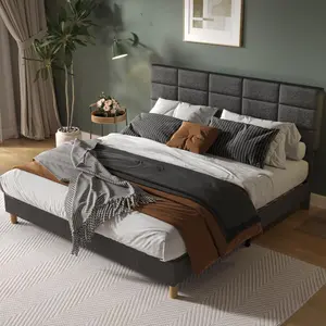 Queen Size Upholstered Platform Bed Frame with 12-Panel Padded Headboard, Linen Fabric, Wood Slats Support, No Box Spring Needed, Quiet Structure, Modern Style for Guest Room, Light Gray