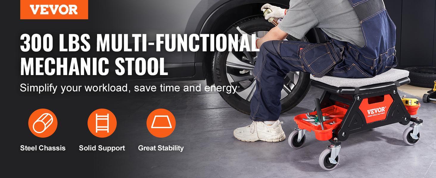VEVOR Mechanics Stool, 300 LBS Capacity Rolling Mechanic Seat with 4" Wheels, with Three Slide Out Tool Trays and Drawer, Heavy Duty Roller Creeper Seat for Home Garage DIY Automotive