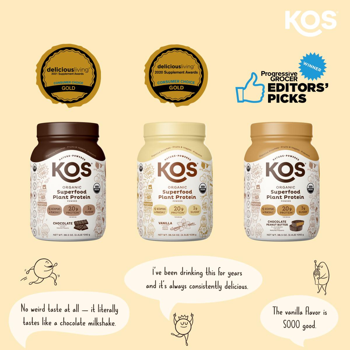 KOS Organic Superfood Plant Protein Powder, Vanilla Flavor — 20g Protein, 12 Vitamins & Minerals, No Erythritol, USDA Certified — Meal Replacement for Women and Men