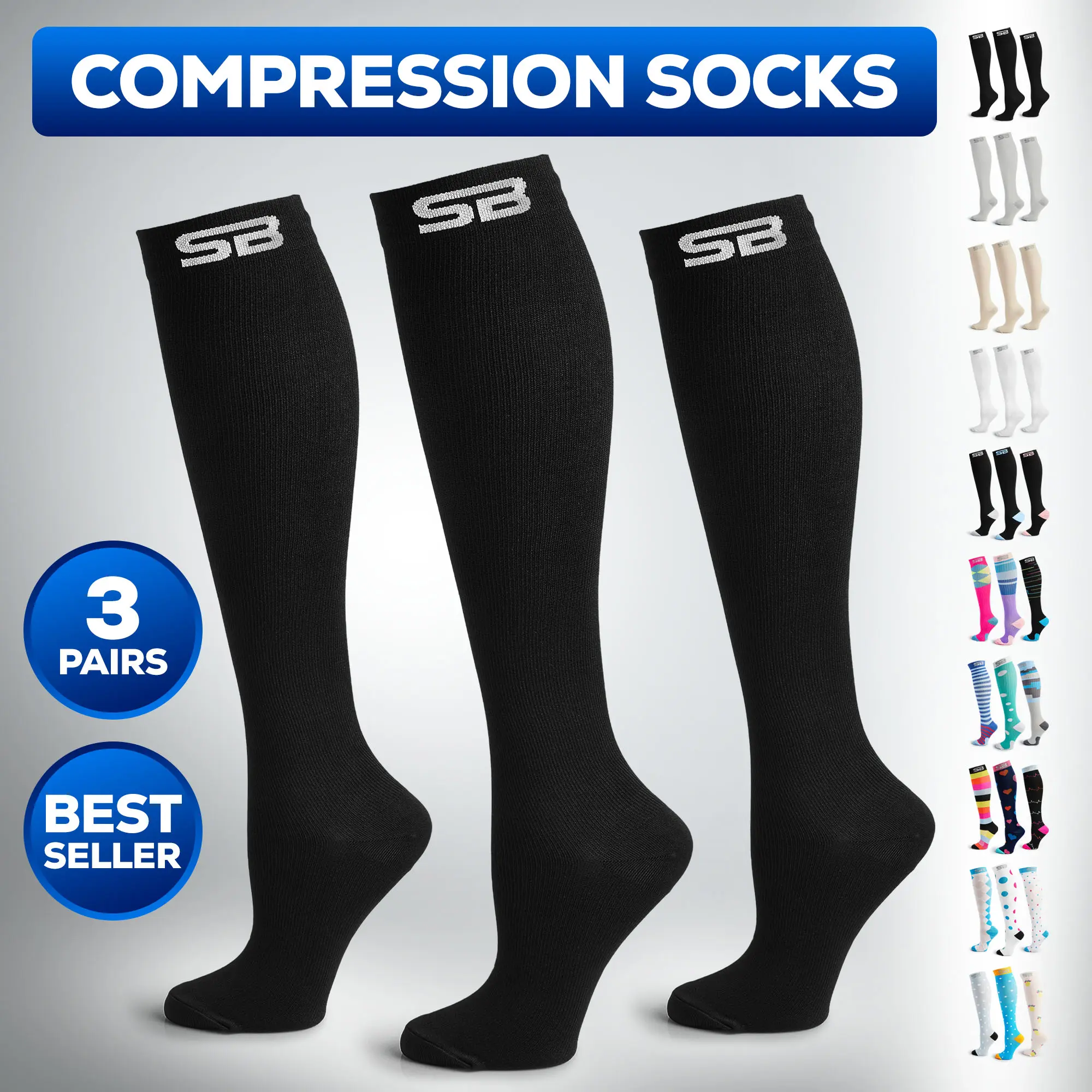 SB SOX 3-Pair Compression Socks for Men & Women - Best Socks for All Day Wear, Running, Athletic, & Travel