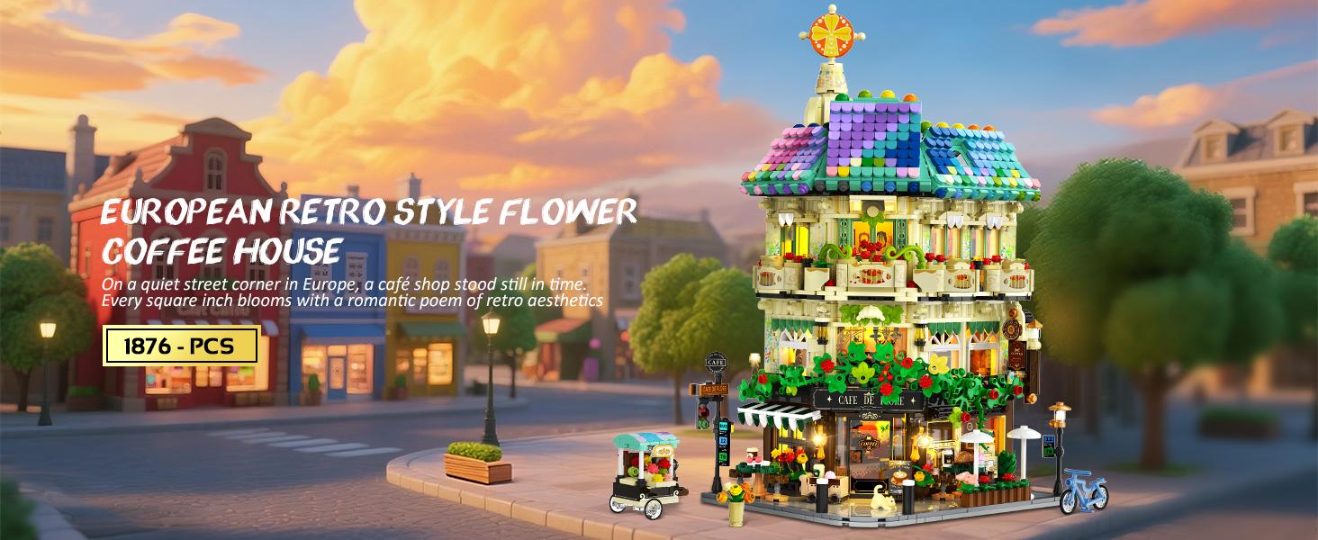 Flower Cafe House Building Set with Lights, 1876 PCS City Street Corner Shop Construction Model, Art Architecture Modular Building Block Kit Home Decor, Gift for Adults Teens Boys Girls 12+