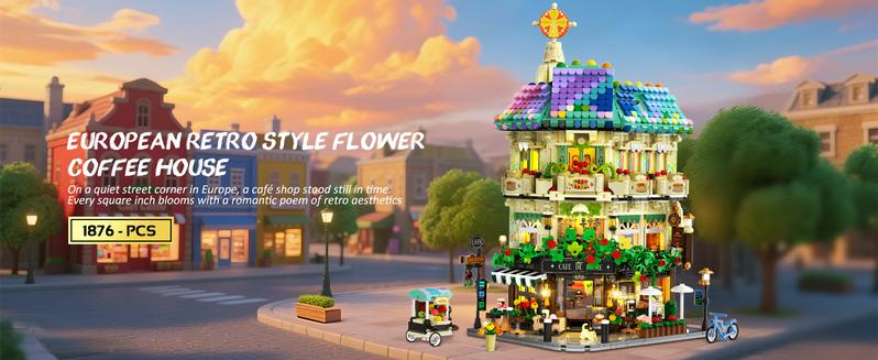 Flower Cafe House Building Set with Lights, 1876 PCS City Street Corner Shop Construction Model, Art Architecture Modular Building Block Kit Home Decor, Gift for Adults Teens Boys Girls 12+