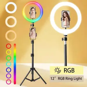 12" Adjustable RGB Ring Light Set With 43" Tripod & Dual Phone Holders - 48 RGB Colors & 12 Brightness Levels - Perfect For TikTok/Makeup/Photography/Vlogging/March Madness/Spring Break - Live Stream Kit SuperBowl / International Women's Day