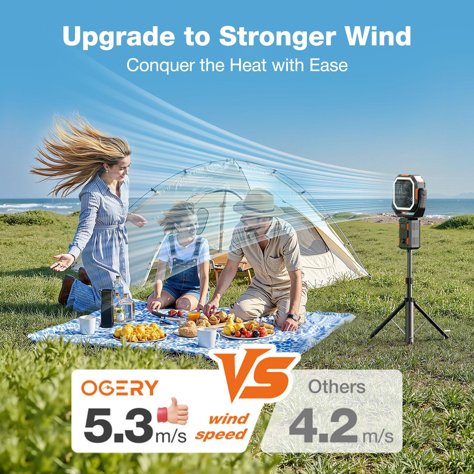 OGERY Camping Fan with Detachable Tripod, 30000mAh Rechargeable Fan with LED Lights & 270° Pivot,4 in 1 Cordless Camping Fan, Remote Control Shaking Head Desk Fan for Camping Tent Travel Bedroom Portable Motor