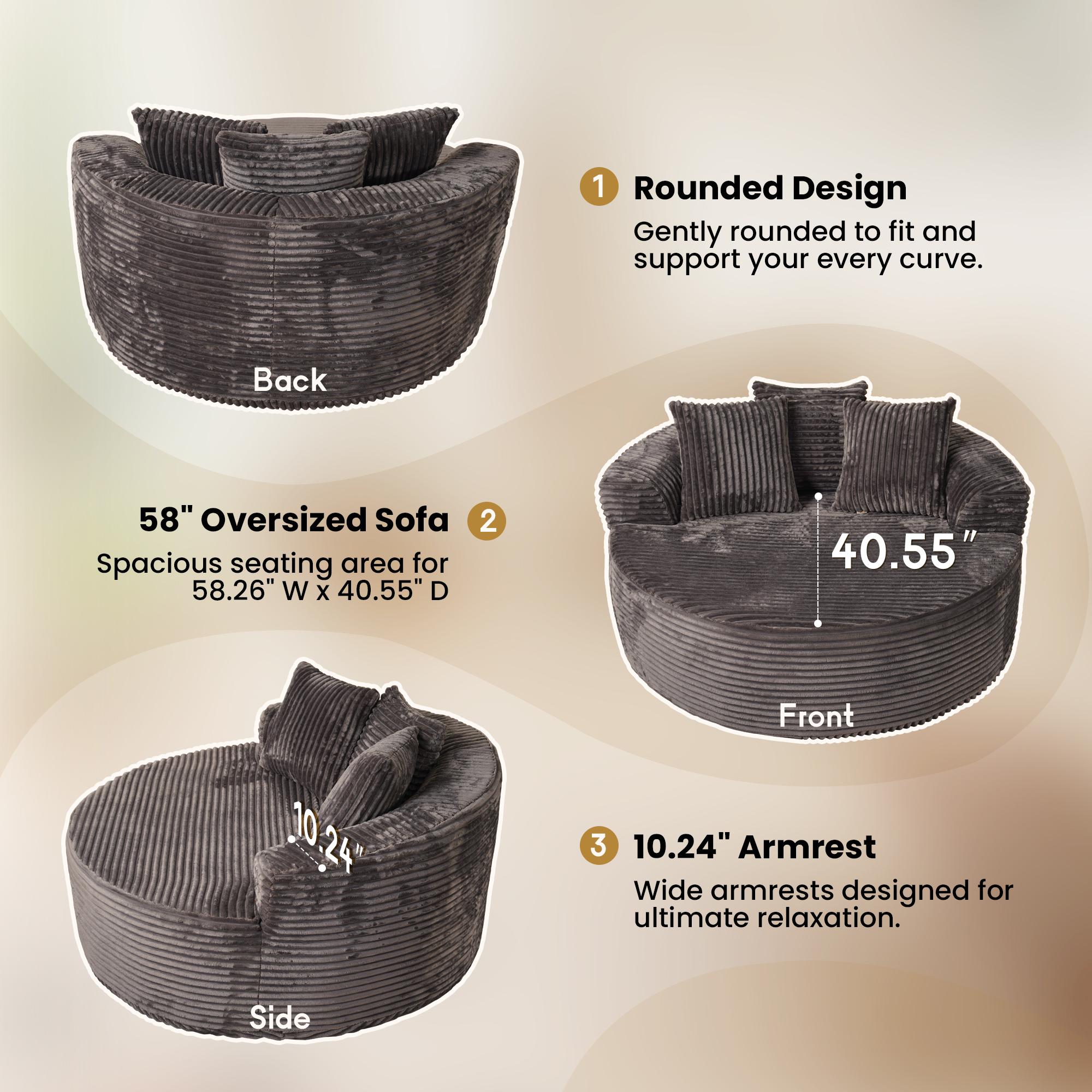 【Black Friday & Cyber Monday Deal】OOSWIFT 59" W Corduroy Single Foam Sofa, Oversized Round Chair with Pillows, Modern Sleeper for Living Rooms, Lounges, Nurseries and Projection Rooms, Wide-Arm Lounge Chair Armchair