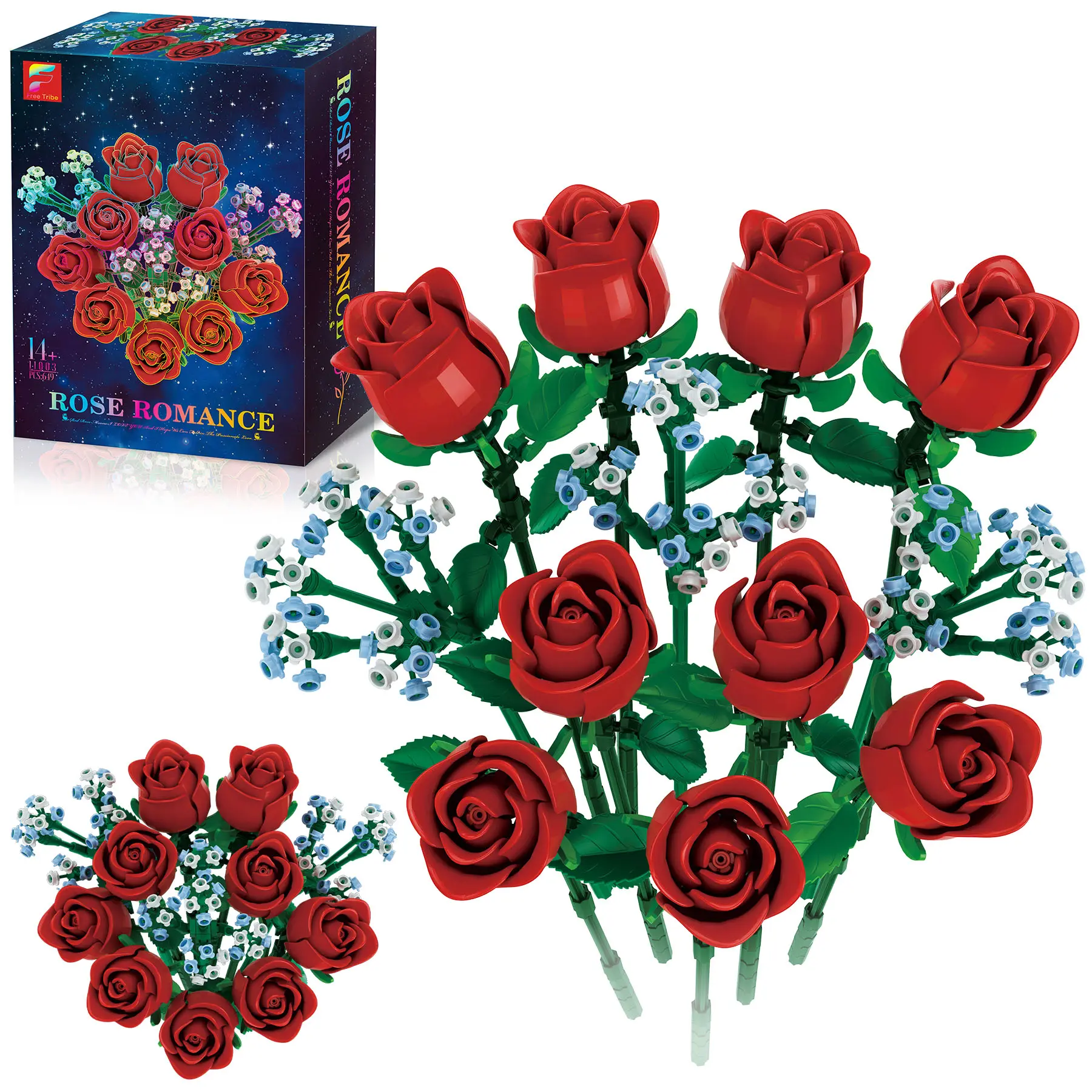 Glitter Roses Building Block Set - Fake Silk Floral DIY Kit, Indoor Flower Bouquet Decoration, Creative Office Desktop Toy Ornament, Fun Home Gift