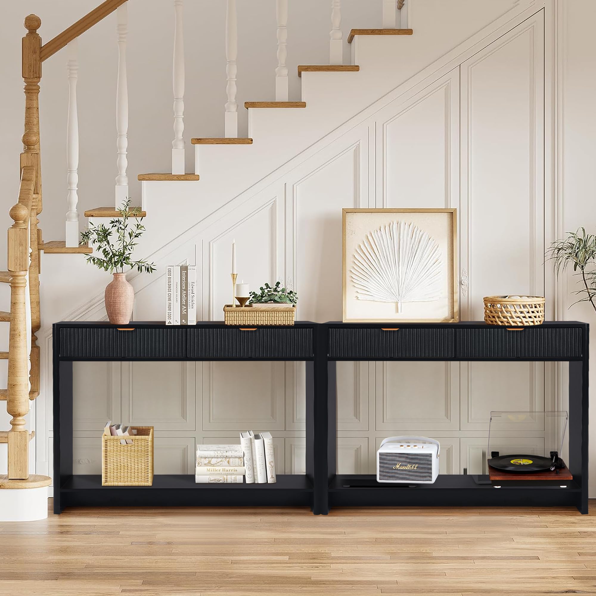 Giratree Narrow Console Table with 2 3 Drawers, Entryway Table with Storage, Table Behind Sofa Long for Living Room TV, Hallway Entrance Foyer, Mid Century Farmhouse Fluted Console Table