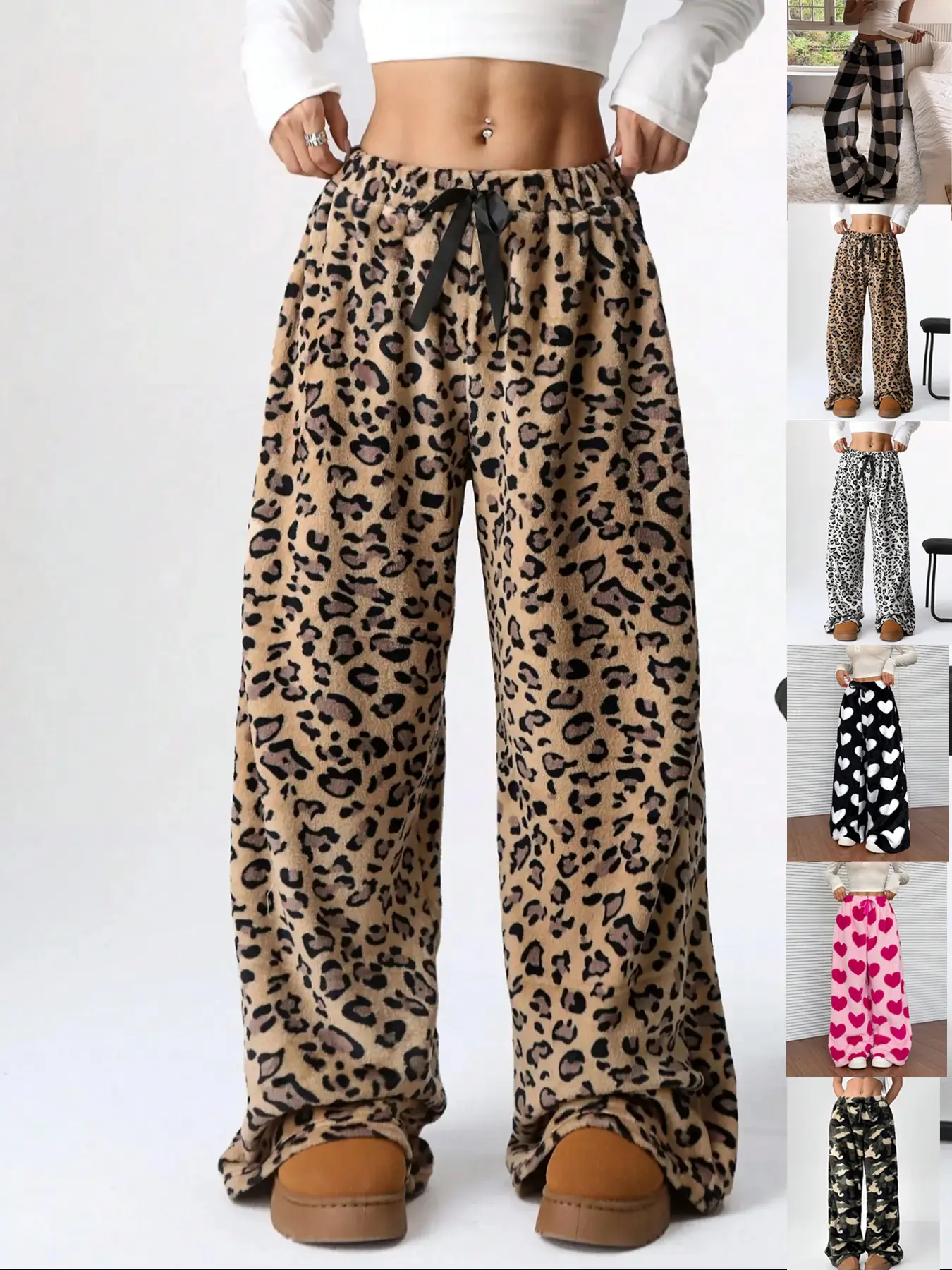 Women's Leopard Print Bow Decor Elastic Waist Wide Leg Athleisure Style Casual Streetwear Pants, Casual Soft Comfy Fit Trousers for Daily Wear, Ladies Bottoms for Fall & Winter Womenswear
