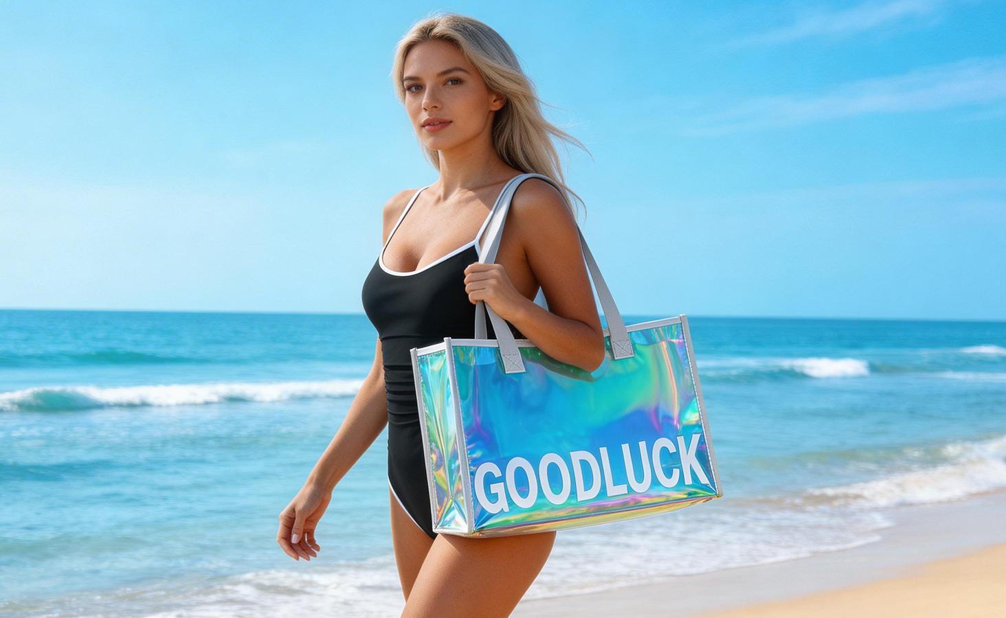 B2LOVER Holographic Iridescent Tote Bags Large Capacity Waterproof Beach Bag Transparent PVC Handbag for Work,Travel,Shopping