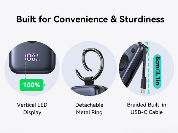 INIU P81 SnapGo Mini 5000mAh Power Bank with Built-in USB C Cable & Keychain for Apple Watch Ultra SE 2/3 Series iPhone Air 8 ~ 17 Airpods Series 20W Fast Charging Lightweight LED Display Portable Charger EDC Travel Battery Pack Phone Charger Perfect Gift
