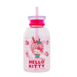 Sanrio Hello Kitty Pink Strawberry 15-Ounce Glass Milk Bottle With Straw