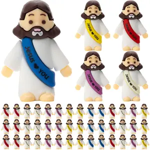 10-50 Pcs Cute Mini Jesus Figurines Bulk - "Jesus Loves You" Soft Rubber Christian Toys - 5 Evenly Mixed Colors for Easter Egg Fillers, Sunday School Prizes & Hide a Jesus Game