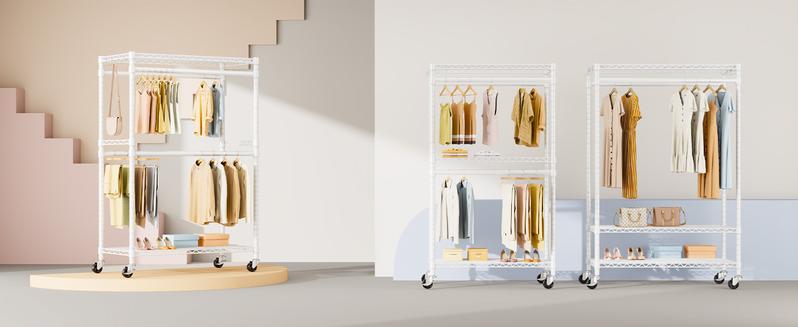 P4 Plus ULIFHOME Rolling Clothing Racks for Hanging Clothes, Heavy Duty,  Free Standing Garment Racks with Wheels, Portable Closet Rack 45''W × 20.5''D × 80.5''H, Max Load 570 Lbs, White