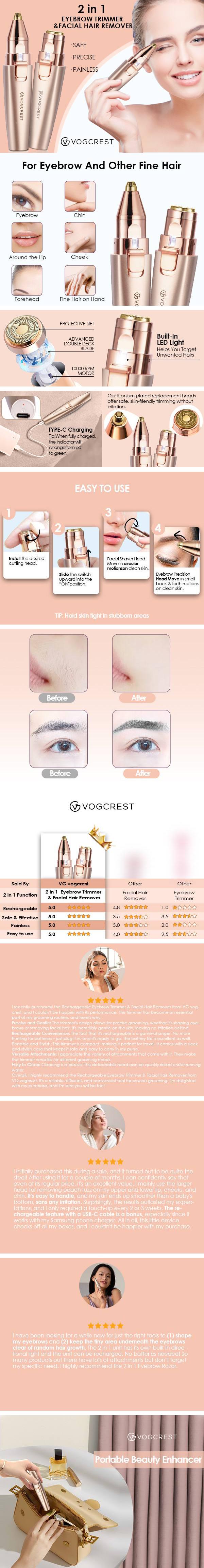 VG Vogcrest Rechargeable 2-in-1 Eyebrow & Facial Hair Remover for Women Painless Razor with LED Light for Lips Body Daily Gentle Comfort Portable Precise Design
