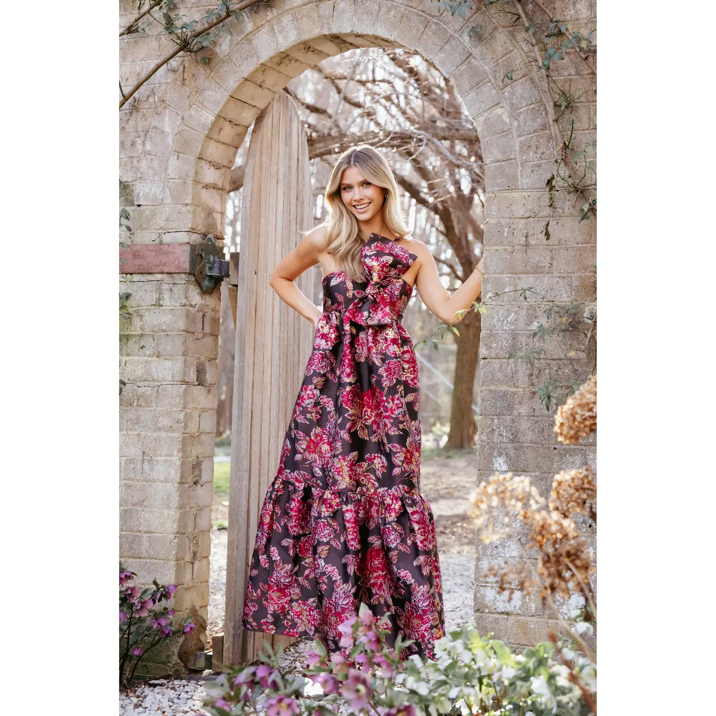 Betina Bow Front Maxi Dress - Brown Floral