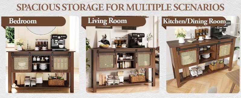 [Clearance Sale] AECOJOY Modern Buffet Cabinet Coffee Bar Storage with Rattan Barn Doors Adjustable Shelves & Bottom Open Shelf for Dining Room Kitchen Hallway