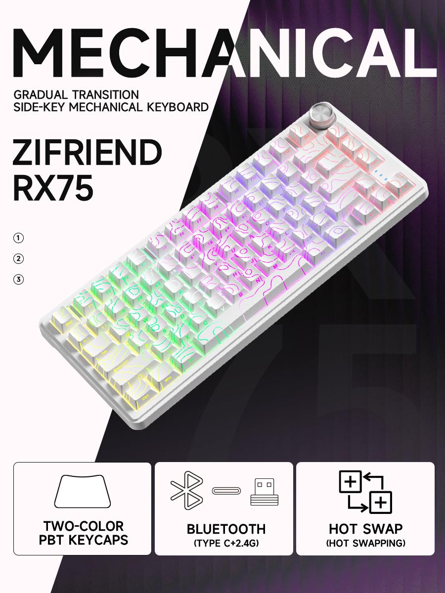 ZIFRIEND&FURYCUBE RX75 PRO Wireless Mechanical Creamy Keyboard,Tri-Mode Type-C/2.4G/Bluetooth  Music Rhythm Sync RGB Backlight Keyboard,Multimode Gaming Keyboard for Gaming, Office, Career Women,Multimedia Roller Key