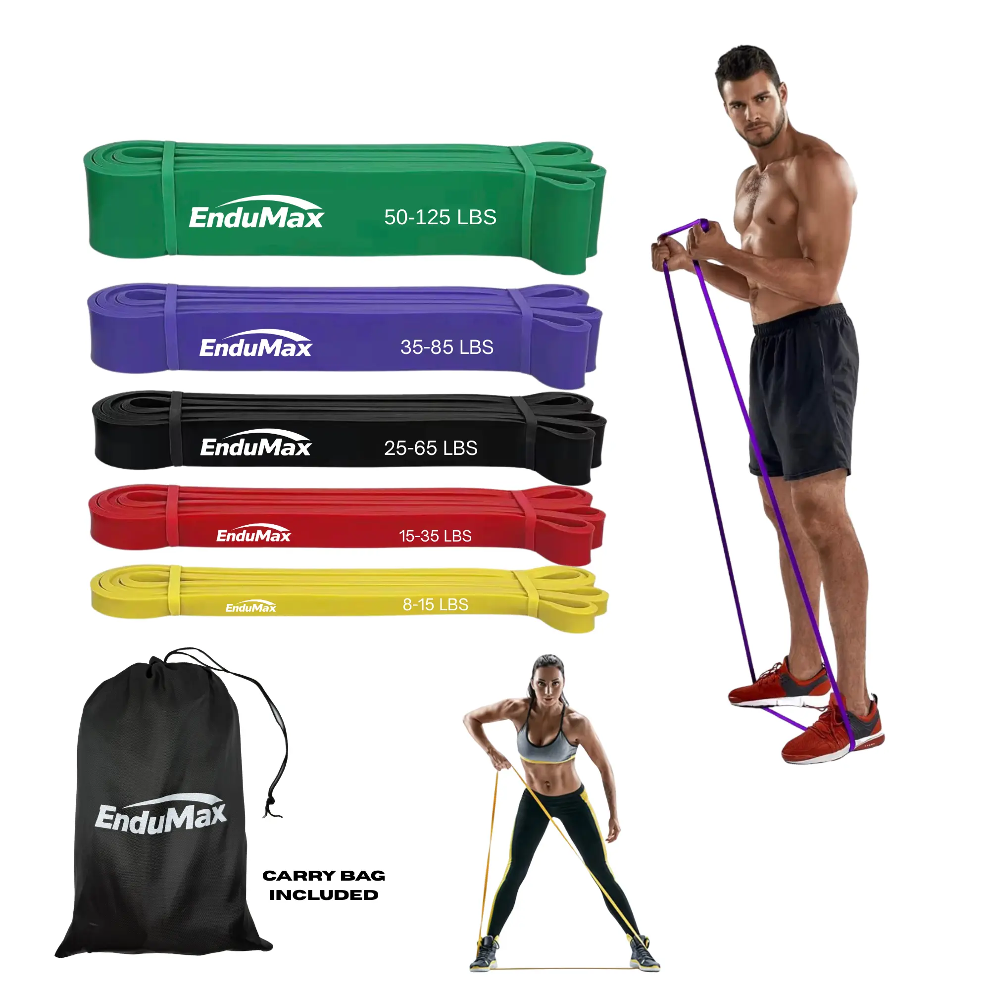 EnduMax Resistance Bands - 100% Natural Latex 5-Piece Set with Different Resistance Levels, Durable, lightweight and heavy duty assist bands