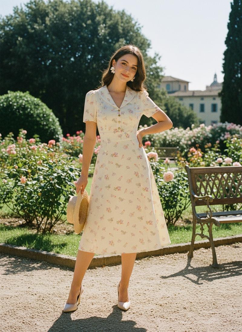 PURE COTTON BEIGE 1940S PUFF SLEEVES FLORAL DRESS Casual Womenswear Cute Summer Fitted Vneck Shortsleeve