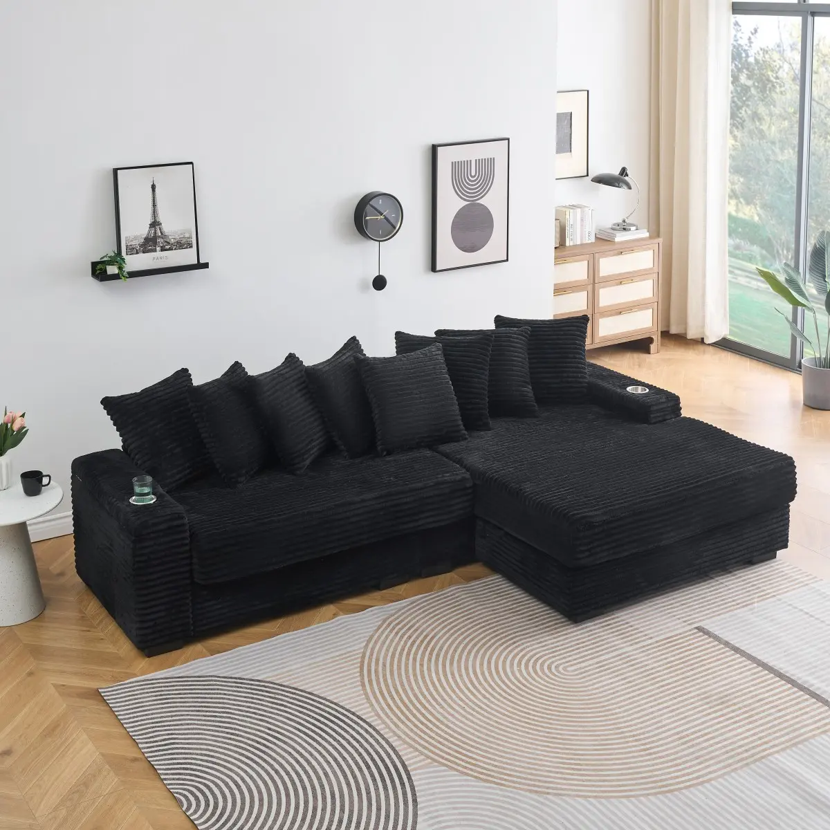 Modern Solid 111.4in Black Corduroy L-Shaped Reclining Sofa - 3-Seat, High-Density Sponge-Cotton Cushions, Cup Holder & Storage Armrests, Left-Right Flip Recline, Plastic Accents, Wood Frame, 191.5 lbs, for Living Room