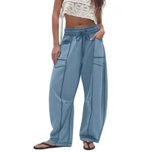 Womens Baggy Barrel Pants Wide Leg Lounge Drawstring Sweatpants with Pockets Beige Basic Casual Trouser Bottom
