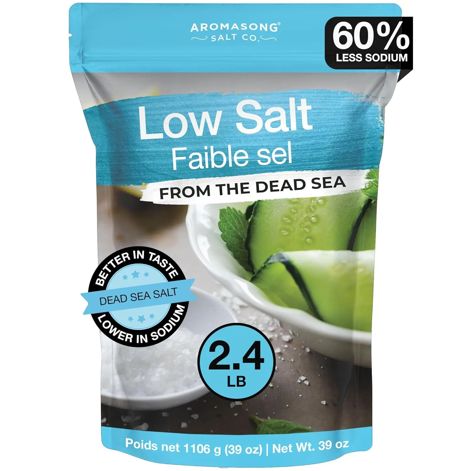AROMASONG Lite Kosher Salt - 4.2 lbs Resealable Bag, Fine Grain Reduced Sodium Crystals with Dead Sea Potassium Chloride, Natural Non-Toxic Mineral-Rich Salty & Savory Gluten-Free Bath & Body Care Alternative