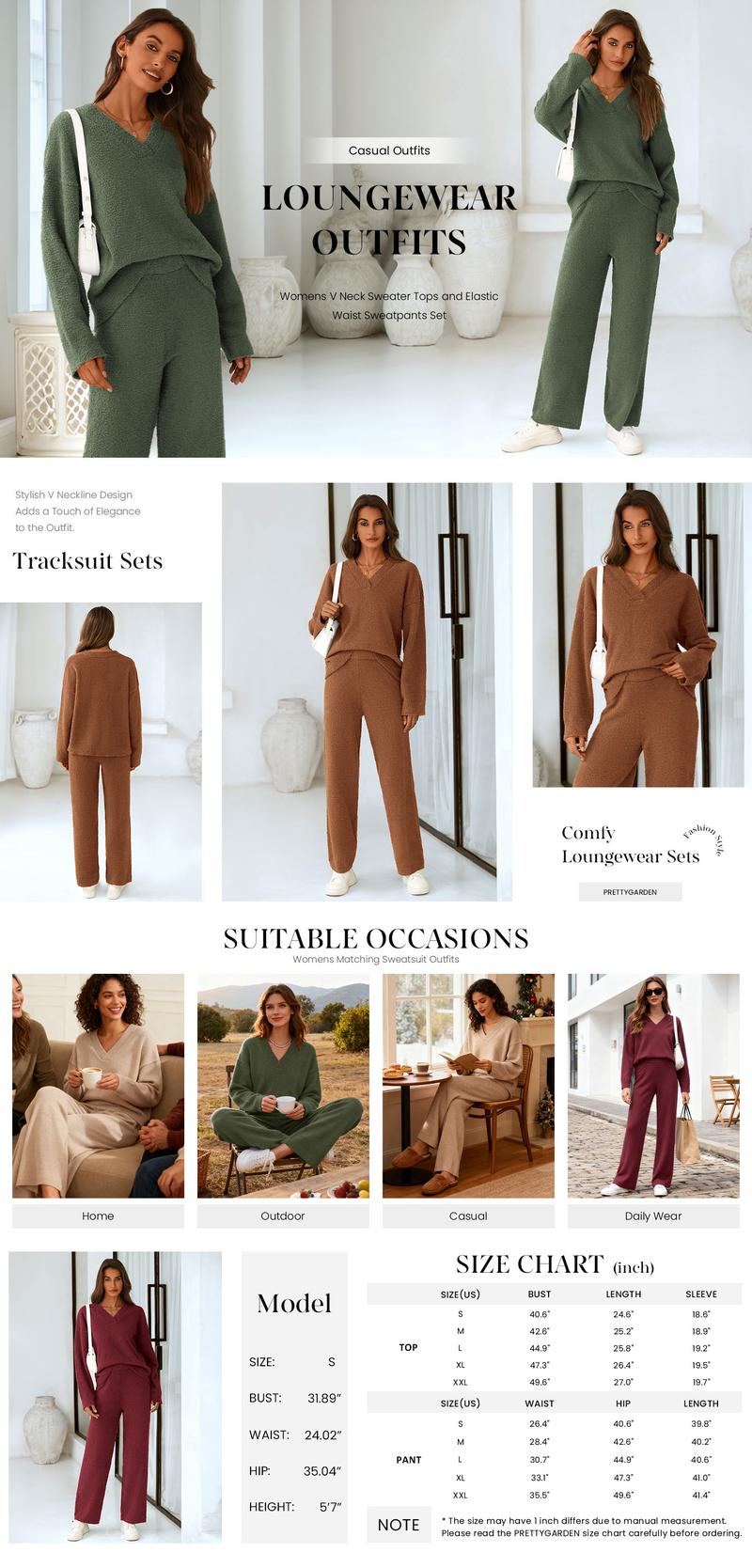 PRETTYGARDEN Women's 2-Piece Lounge Set Soft Chunky V Neck Tops & Wide Leg Long Pants Basic 100% Polyester Tracksuit Loungewear Minimalist Homewear Pajama