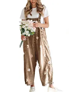 utcoco Women Floral Printed Adjustable Strap Denim Bib Overall Wide Leg Jeans Casual Baggy Overalls Jumpsuit