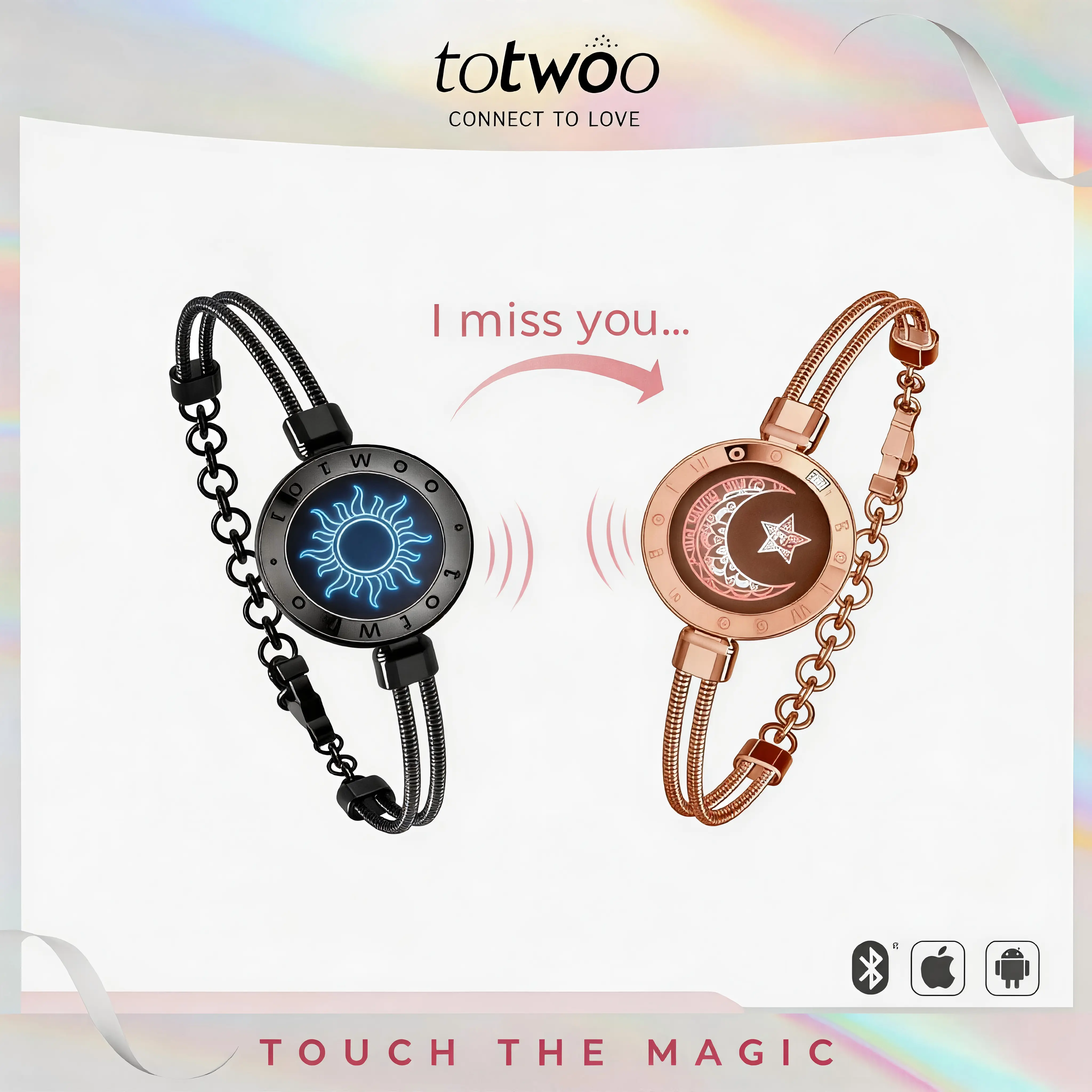 TOTWOO Round Sun Moon Couples' Long Distance Touch Bracelets - Women's Fashion Smart Bracelets, 1-to-1 Bluetooth App Pairing, Light-Up Feature, Vibration Feature, Romantic Anniversary Gift