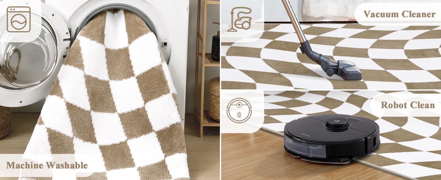 LOKHOM 8x10 Large Washable Checkered Area Rug, Non-Slip Soft Living Room Rug with Rubber Backing, Low Pile Rug Floor Carpet for Dinning Room, Bedroom