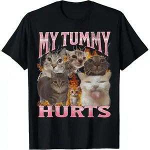 100% Cotton Gift T-Shirt Funny My Stomach Hurts Funny Cat Meme Bootleg Pattern T-Shirt Casual Cotton Streetwear Fabric Men's Pattern Men's T-Shirt Streetwear, Unisex Casual Comfortable Top