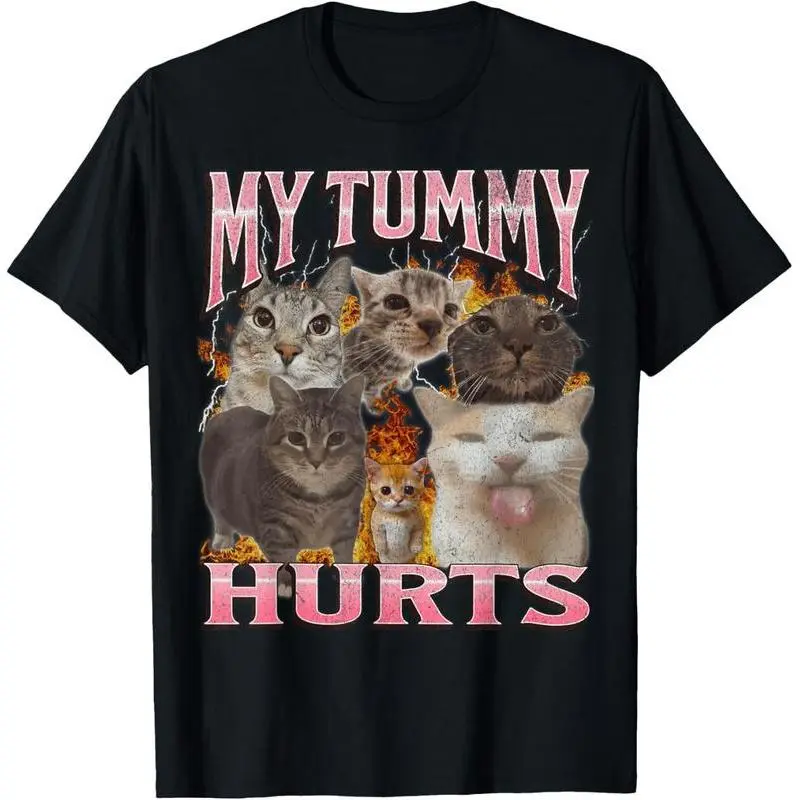 100% Cotton Gift T-Shirt Funny My Stomach Hurts Funny Cat Meme Bootleg Pattern T-Shirt Casual Cotton Streetwear Fabric Men's Pattern Men's T-Shirt Streetwear, Unisex Casual Comfortable Top
