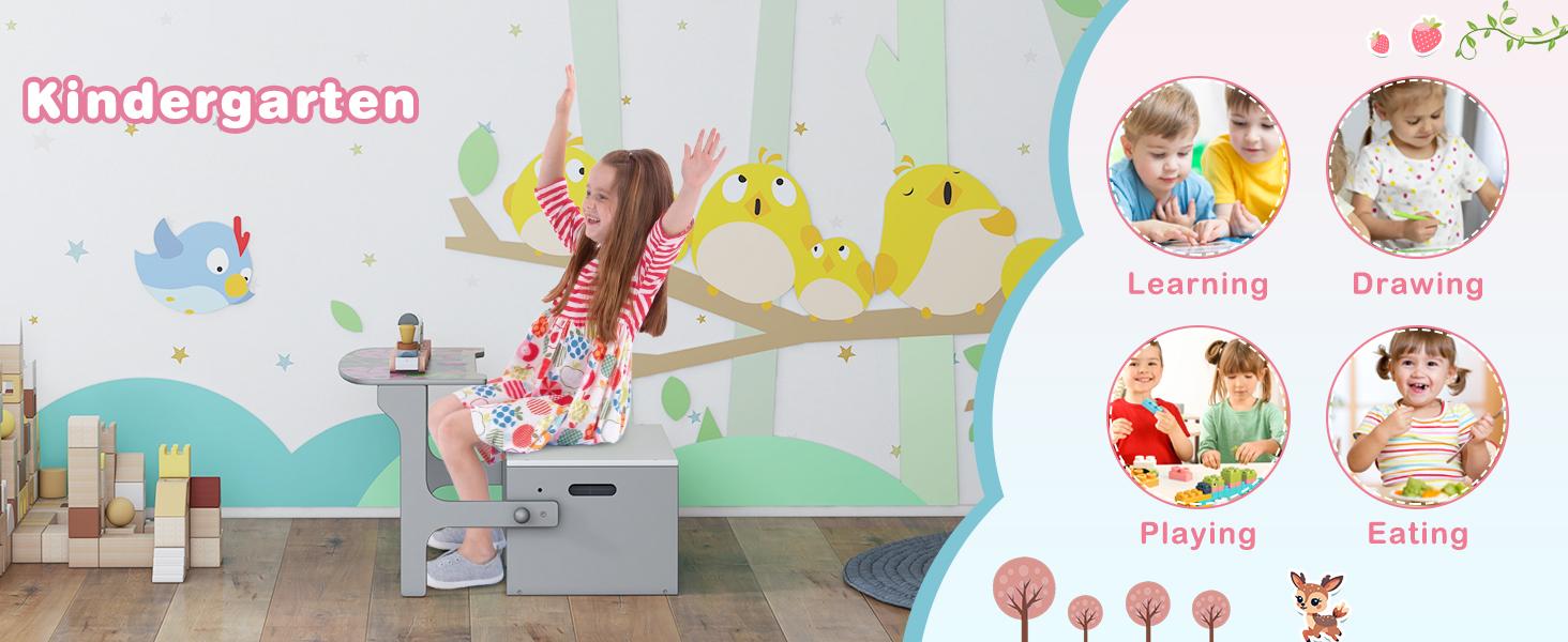 Costzon 3-in-1 Convertible Wooden Toy Storage Bench with Handle, 2 Bins for Kids Reading Nook, Toddler Table and Chair Set for Daycare Playroom Classroom,Christmas Festival Gift Black Friday Cyber Monday