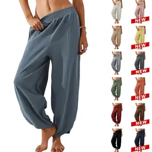 Mundoven Womens Baggy Wide Leg Pants Casual Elastic Waisted Palazzo Harem Pants with Pockets