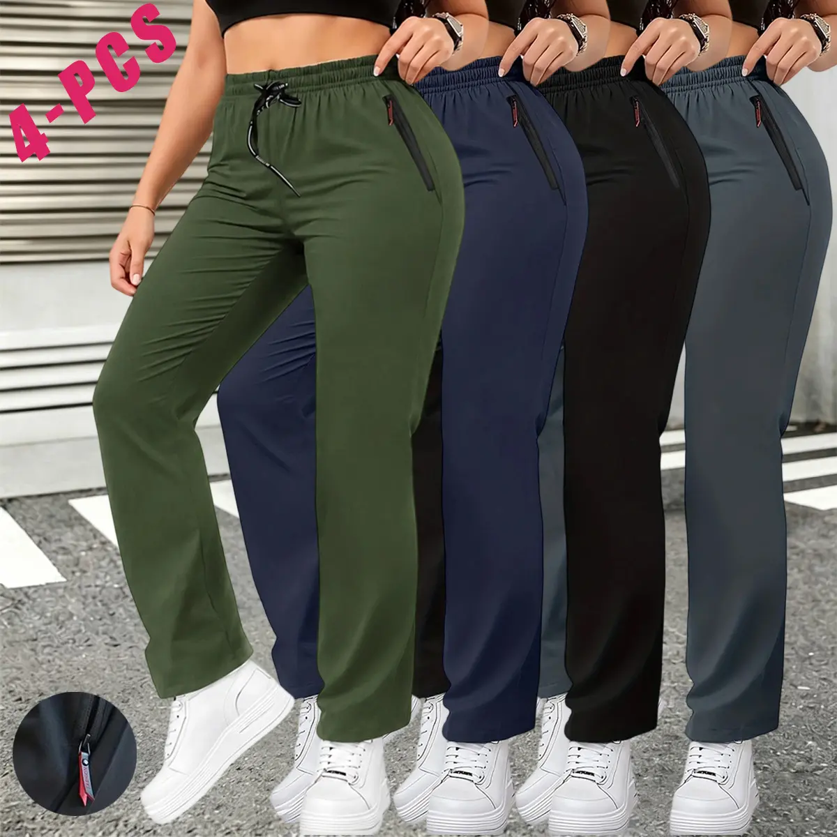 4-pack women’s athletic casual long pants—lightweight and breathable, stylish pocket design, drawstring elastic waistband; suitable for outdoor jogging and everyday wear; women’s sports pants
