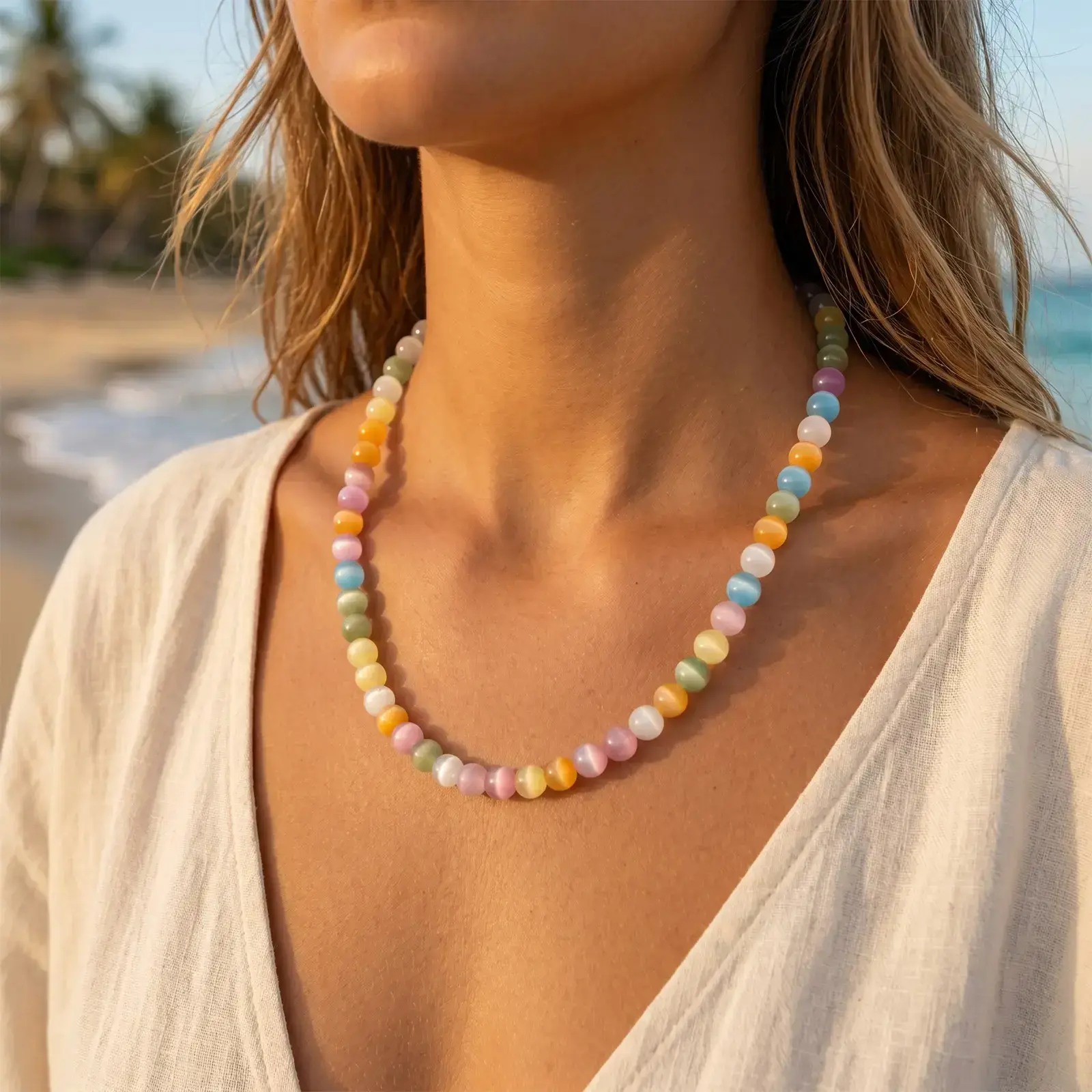 Dopamine Rainbow Necklace – UV Reactive Beaded Choker, Color Changing, Waterproof Summer Jewelry, Stackable Layered Necklace, Casual Style Necklaces, Daily Costume Jewelry