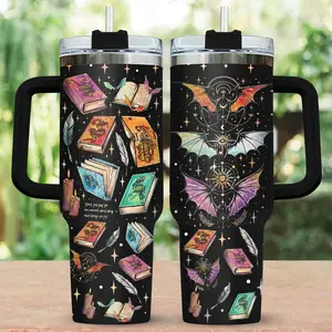 ACOTAR 40oz Tumbler with Handle | Sarah J Maas Book Stack & Bat Boys Wings Travel Mug | Night Court Insulated Cup with Straw for Readers