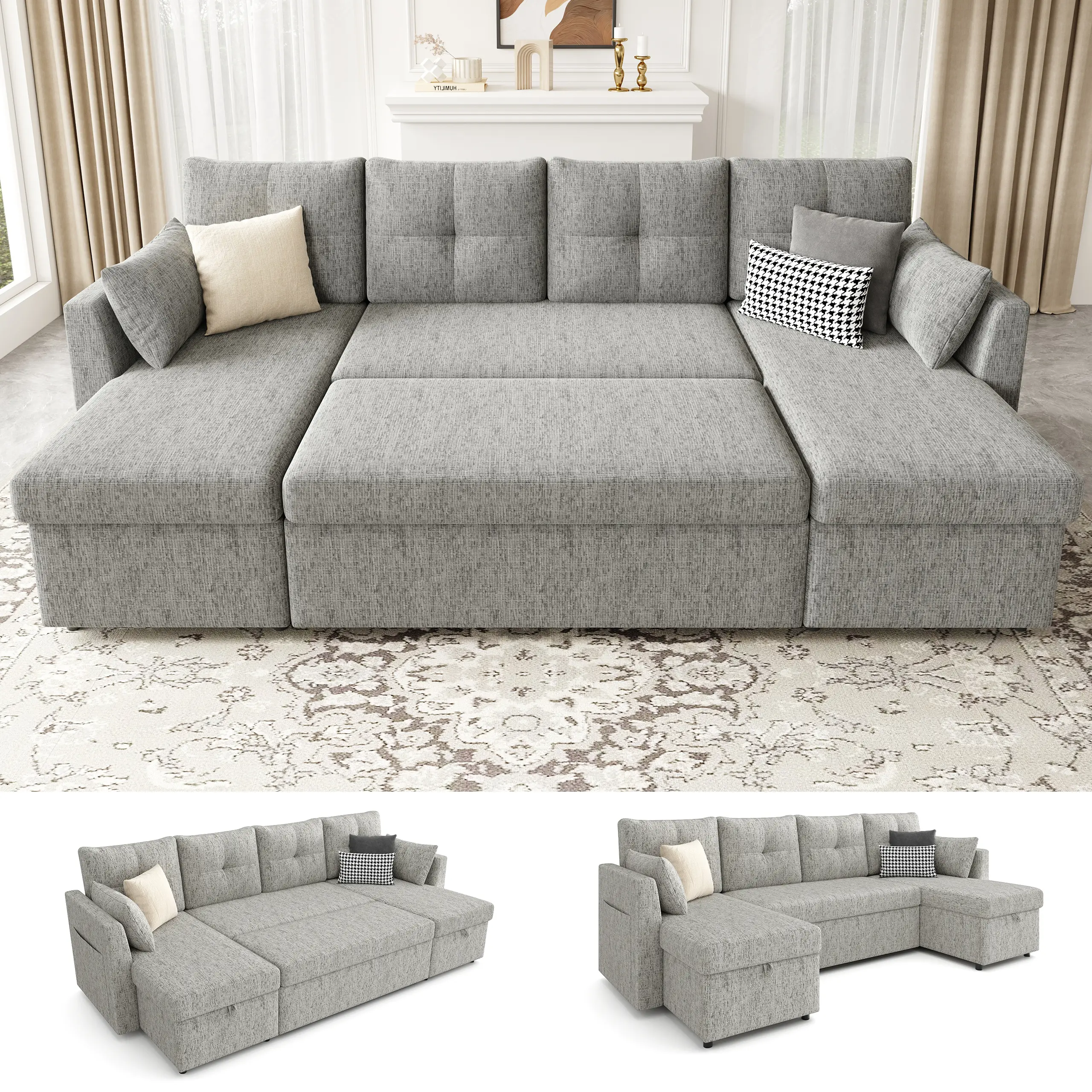 【2-3 Packages】 Oversized Sleeper Sofa Couch, 106 inch 2 in 1 Pullout Couch Bed with Double Storage Chaise, Sectional Sleeper Sofa Bed with Side Pocket for Living Room