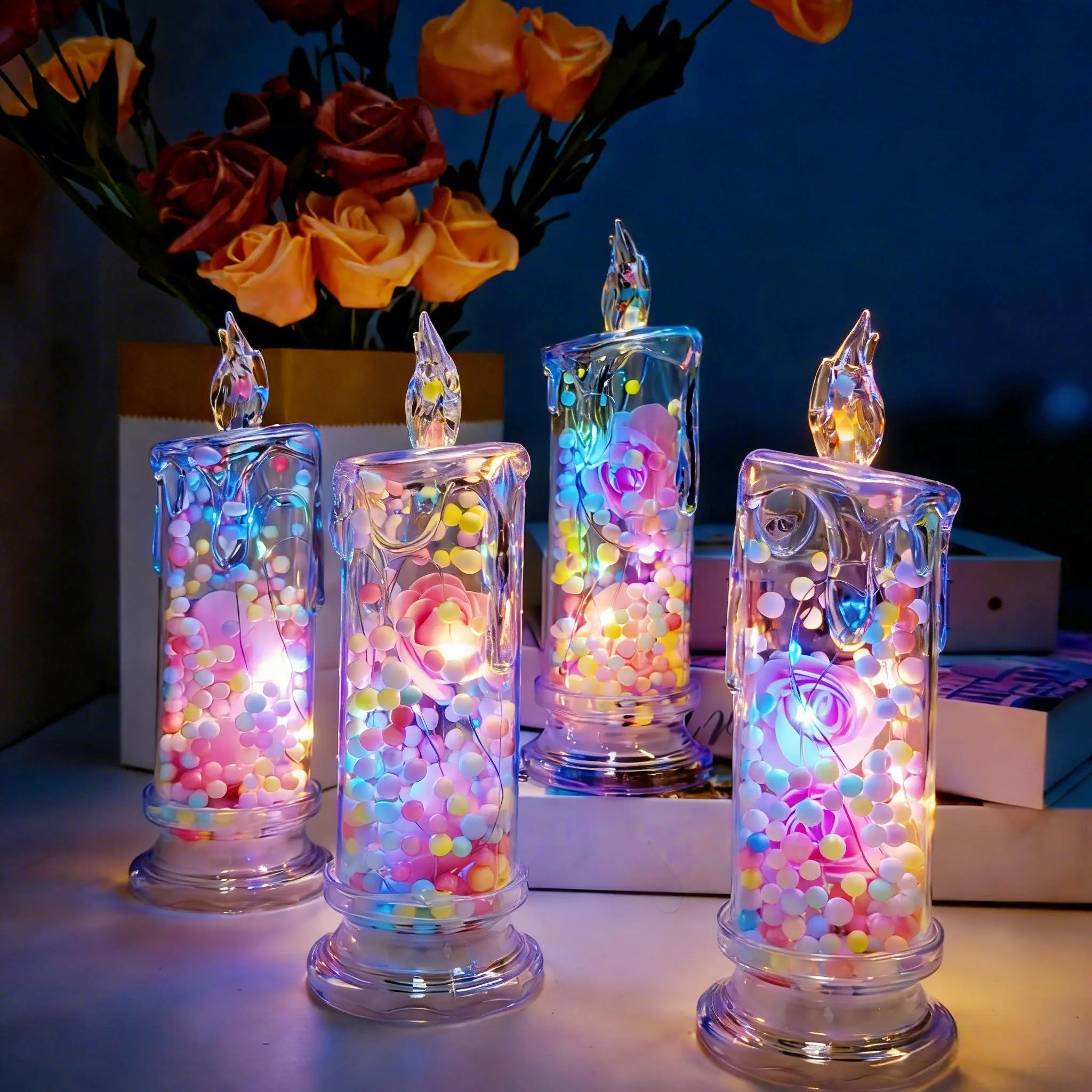 Set of four realistic rose-shaped candle lights, battery-powered and smoke-free. Perfect as a Mother’s Day gift or as table decor for the bedroom, living room, Valentine’s Day, and more. Ideal for parties, birthdays, weddings, and all kinds of occasions.