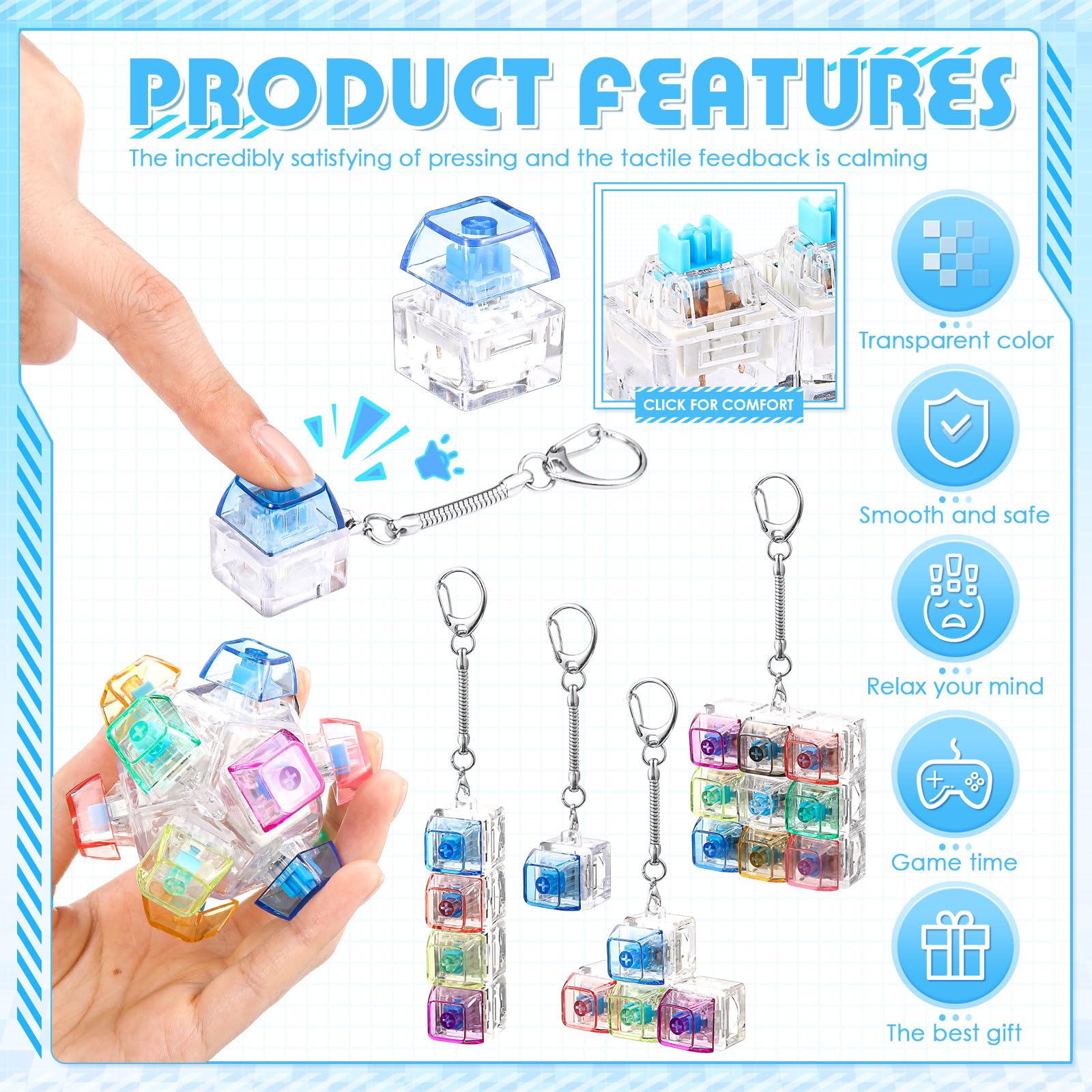 4/5 Pcs Keyboard Fidget, 4-In-1Decompression Button Keychain, Stress Relief Finger Clicker in 5 Styles, Valentines Galentines Gift for Office School Home to Pass The Time, Galentine Party Favor Valentine Basket Filler