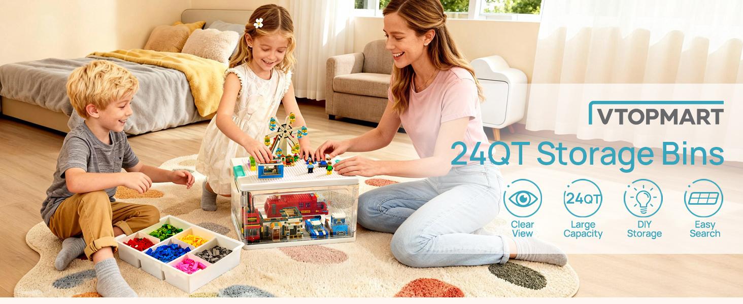 【2 Pack】Vtopmart 24QT LEGO Storage Box for Arts Crafts Stationery Kids Building Blocks Sewing Kit & Small Tools with Building Baseplate Lid and Removable Tray Easter Gift