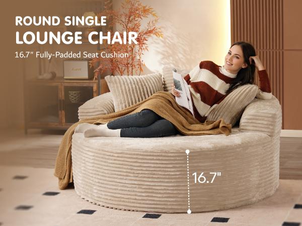 【2 Packages Shipping】Ovios 49" W Boneless Chaise Lounge and 59" W Oversized Round Sofa Bed - Sectional Sofa Set with Flexible Configuration, Plush Corduroy Fabric,No Assembly Required, 5 Pillows included