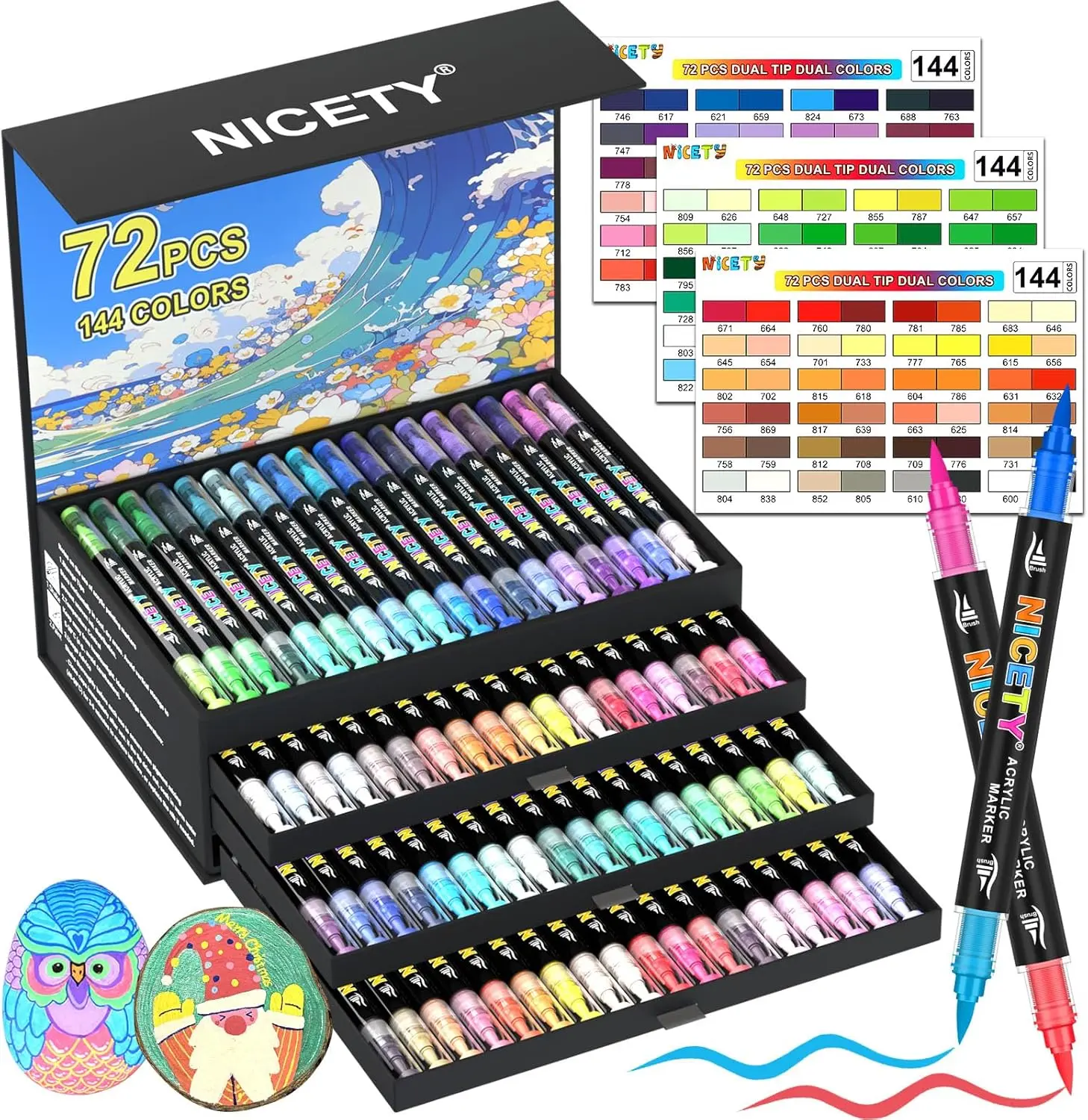 NICETY Dual-Tip Acrylic Paint Markers, 72-Pack 144-Color Water-Based Quick-Dry Non-Bleed Art Painting Supplies with Brush Tip for Rock, Wood - DIY Painting Supplies, Art Materials, Office Stationery Writing Tool