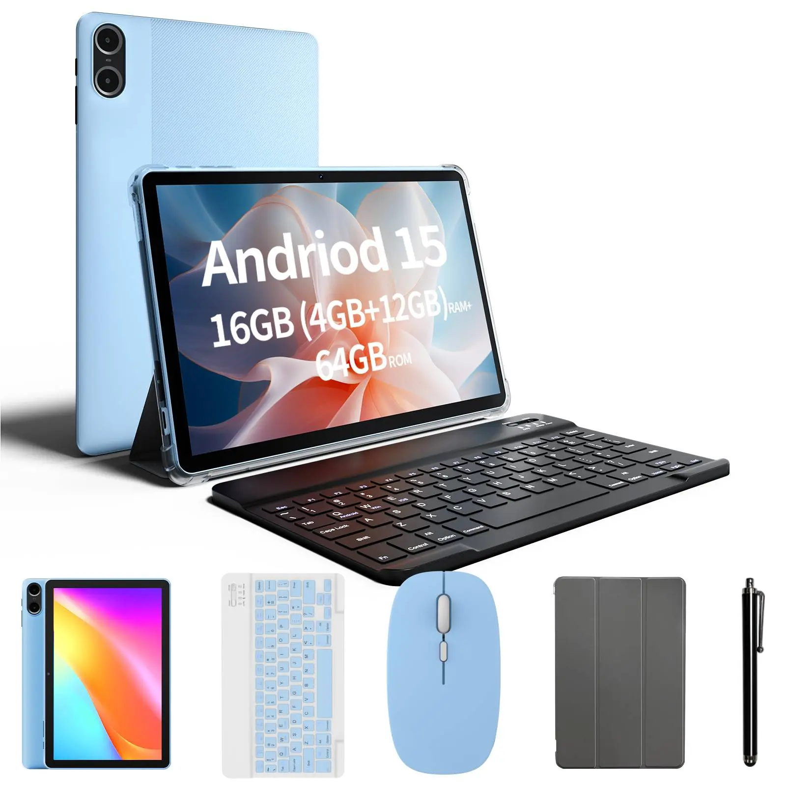 Back To School 10in LCD Touchscreen Tablet with 16GB(4+12) RAM, 64GB ROM, Android15, Portable Bluetooth Keyboard & Mouse Set, for Home Office, Gifts for Him,back to school,back to school haul