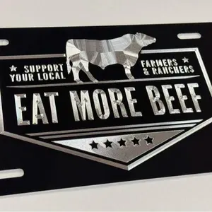 Eat More Beef License Plate Car Tag Diamond Etched Engraved on Black Metal