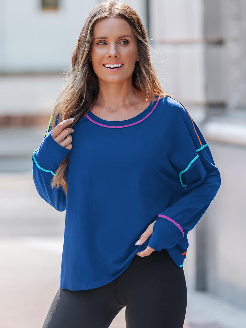 Popvil Cotton Open Back Workout Loose Fit Shirt, Neon Stitching, Soft & Light-weight Activewear, Gym Shirt, Thumb Hole Sports Shirt, Moisture-Wicking Running Shirt